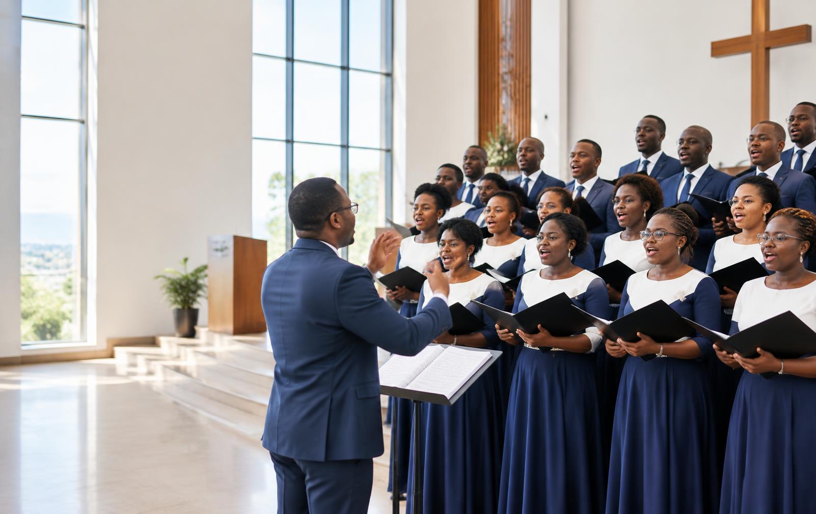 Chorale singing together in a church sanctuary