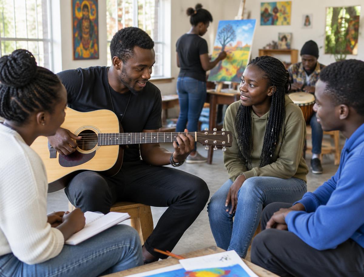 Young Kenyan people learning creative skills in a community workshop